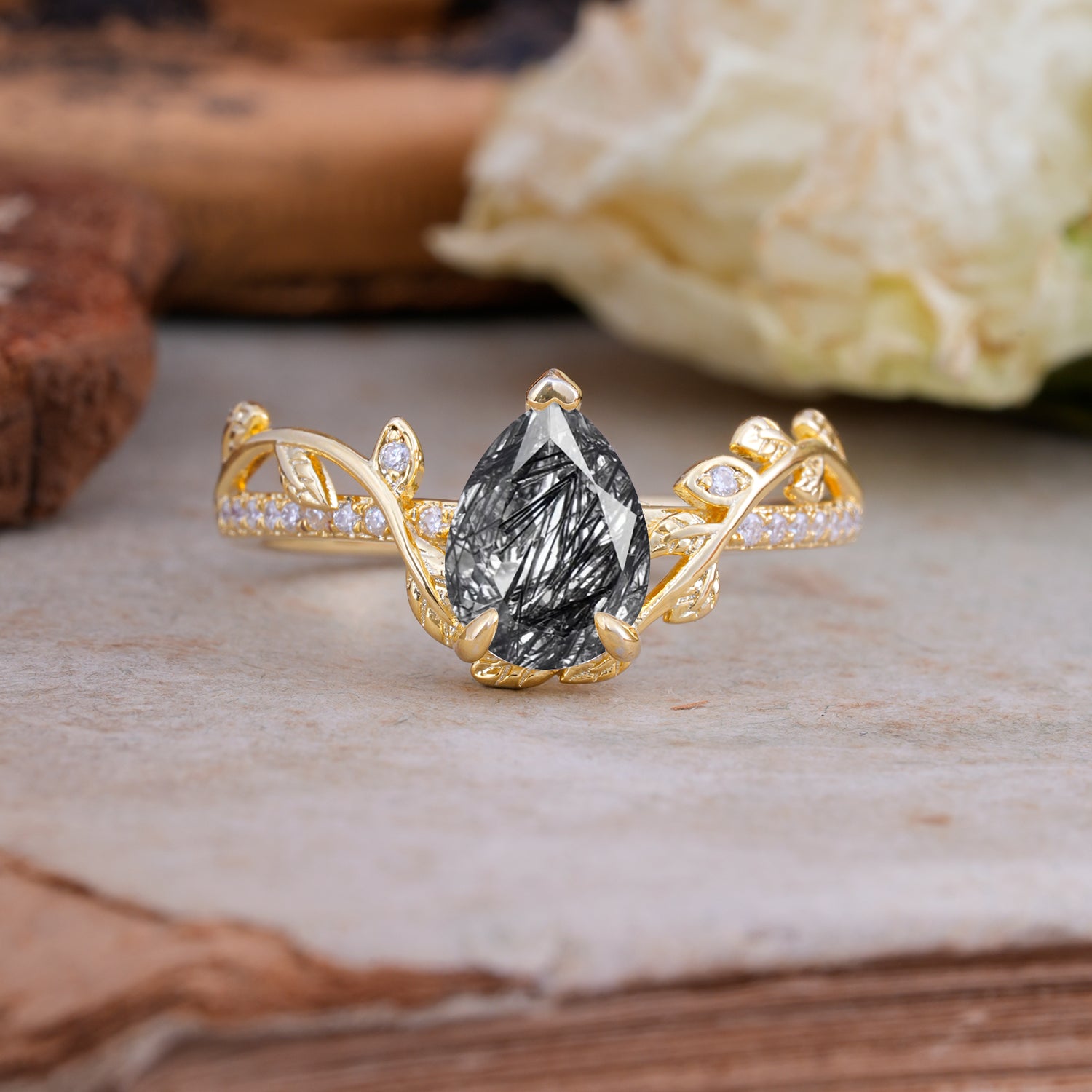 SR16988 Black Rutilated Quartz Ring - Yellow-Gold