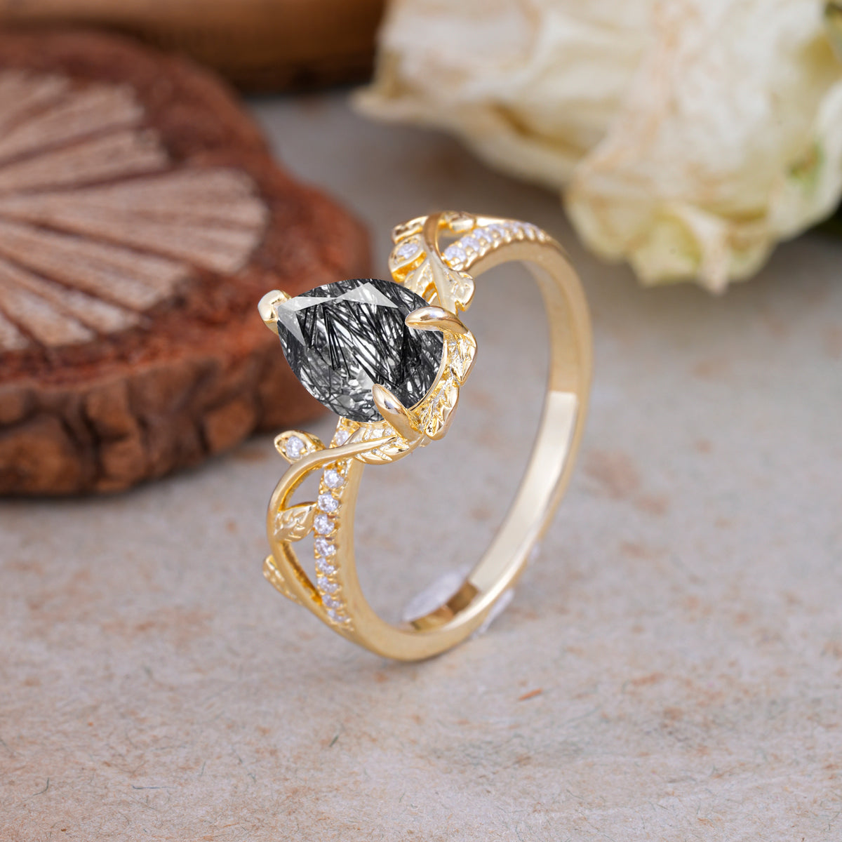SR16988 Black Rutilated Quartz Ring - White-Gold