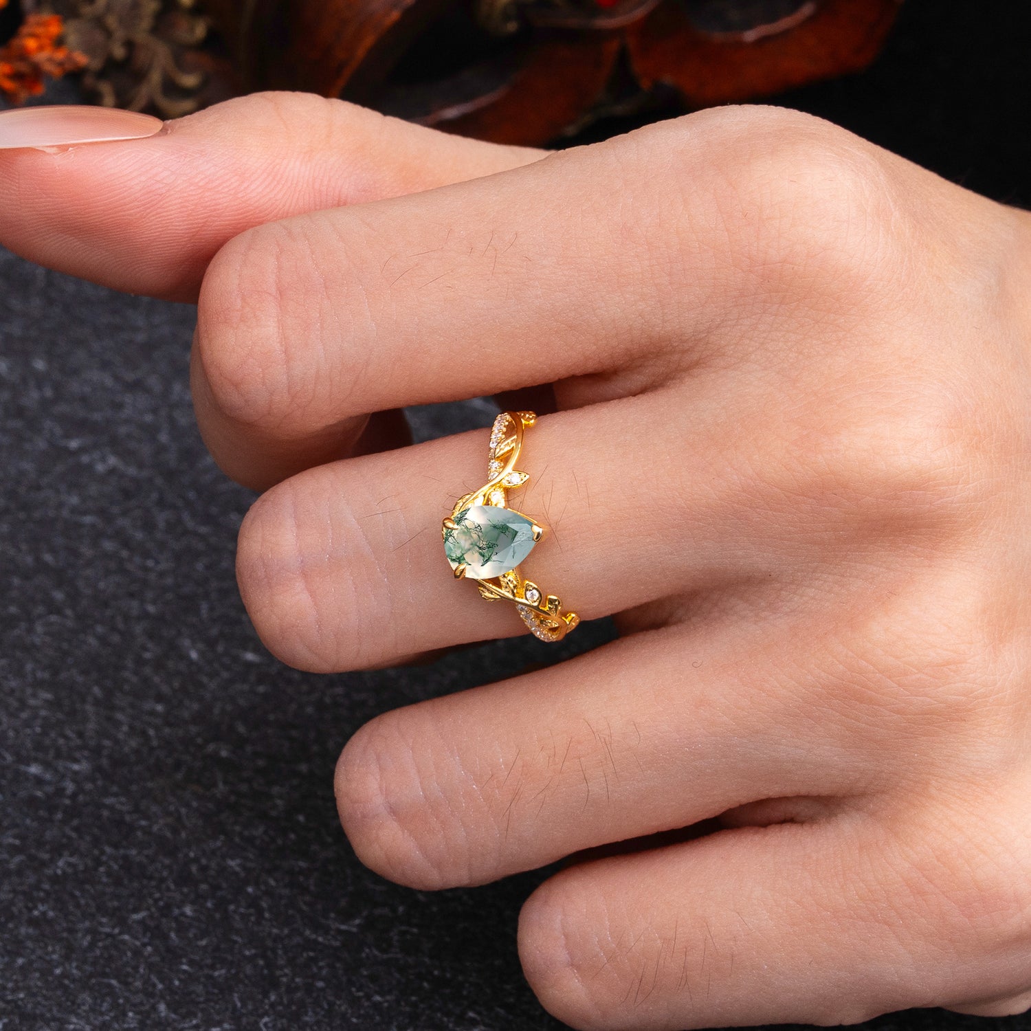 Pear Cut Leaf Vine Moss Agate Engagement Ring