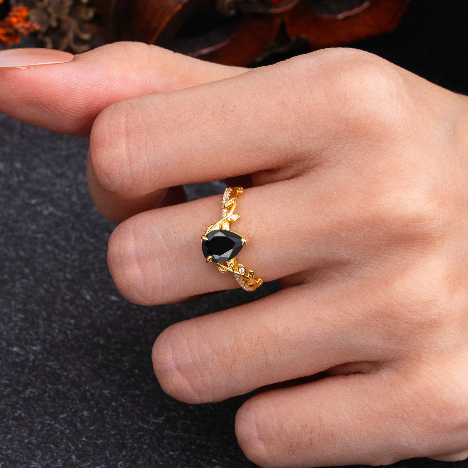 Pear Cut Leaf Vine Black Onyx Engagement Ring