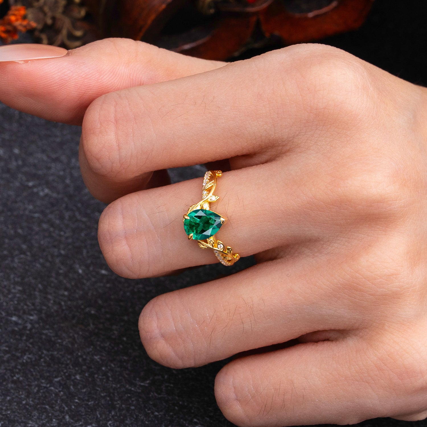 Pear Cut Leaf Vine Emerald Engagement Ring