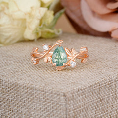 Branch-Inspired 3-Prong Pear-Cut Natural Moss Agate Engagement Ring