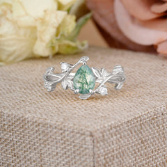 Branch-Inspired 3-Prong Pear-Cut Natural Moss Agate Engagement Ring