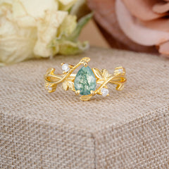 Branch-Inspired 3-Prong Pear-Cut Natural Moss Agate Engagement Ring