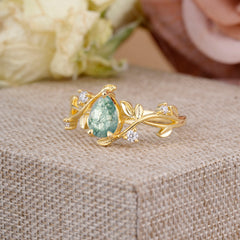 Branch-Inspired 3-Prong Pear-Cut Natural Moss Agate Engagement Ring