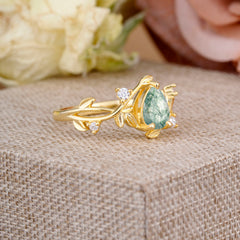 Branch-Inspired 3-Prong Pear-Cut Natural Moss Agate Engagement Ring