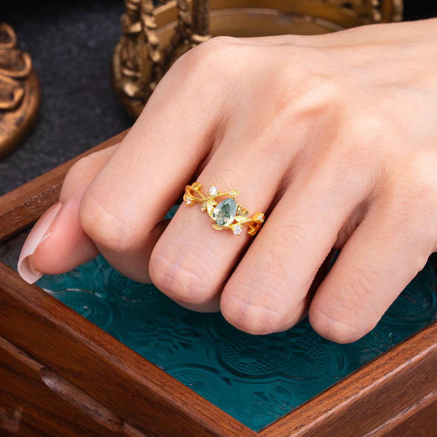 Branch-Inspired 3-Prong Pear-Cut Natural Moss Agate Engagement Ring