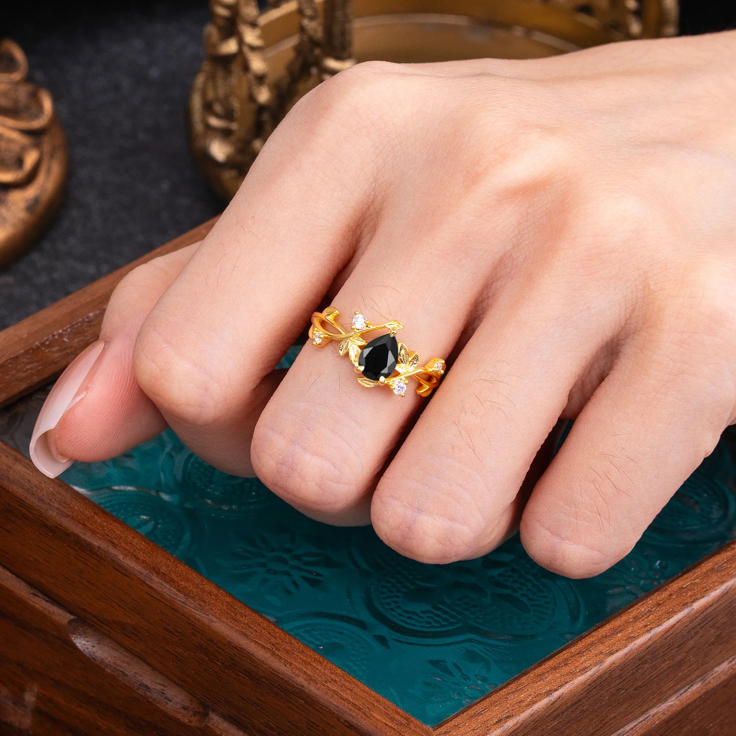Branch-Inspired 3-Prong Pear-Cut Black Onyx Engagement Ring