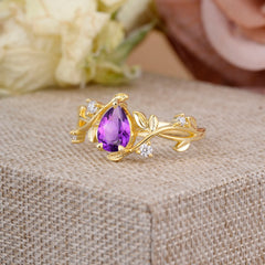 Branch-Inspired 3-Prong Pear-Cut Natural Amethyst Engagement Ring