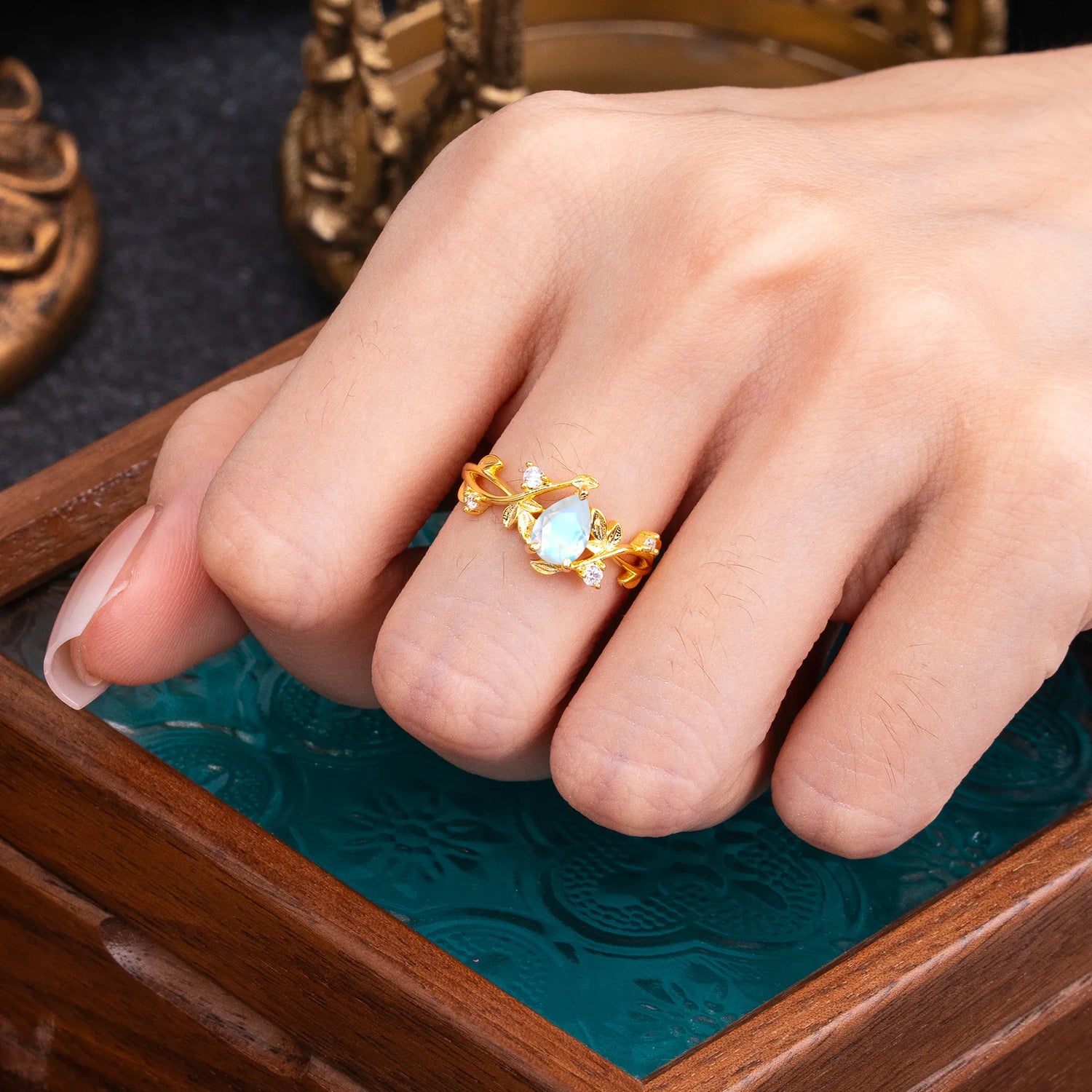 Branch-Inspired 3-Prong Pear-Cut Moonstone Engagement Ring