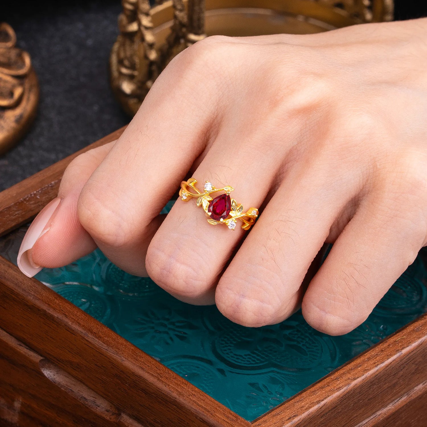 Branch-Inspired 3-Prong Pear-Cut Ruby Engagement Ring