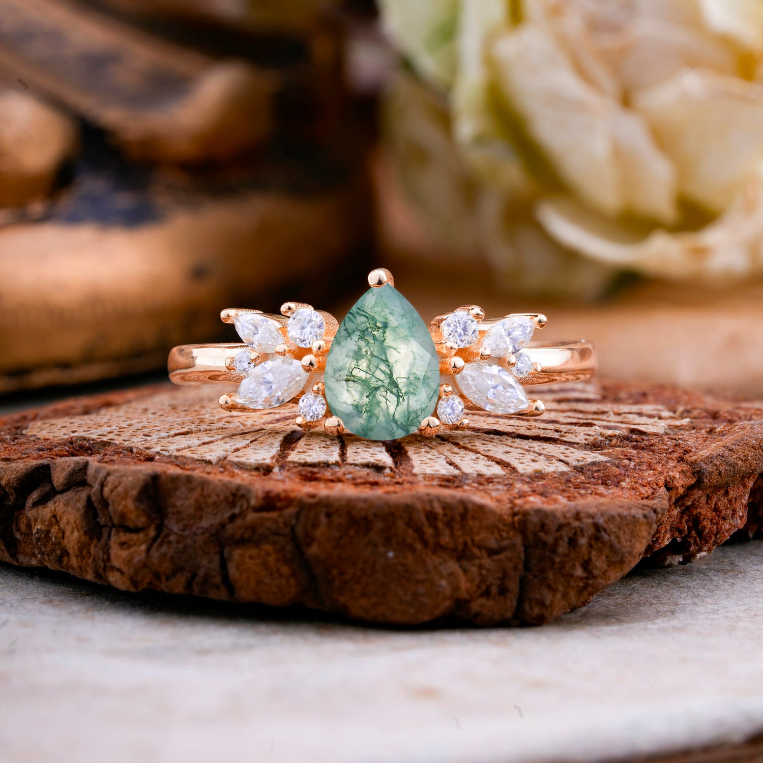 Unique Pear Shaped Moss Agate Engagement Ring for Women