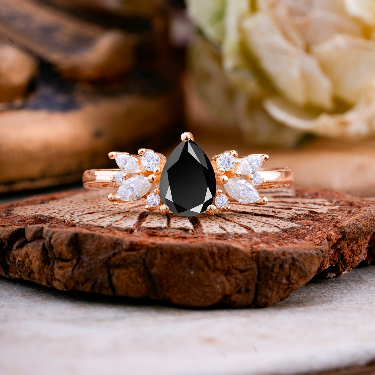 Unique Pear Shaped Black Onyx Engagement Ring for Women