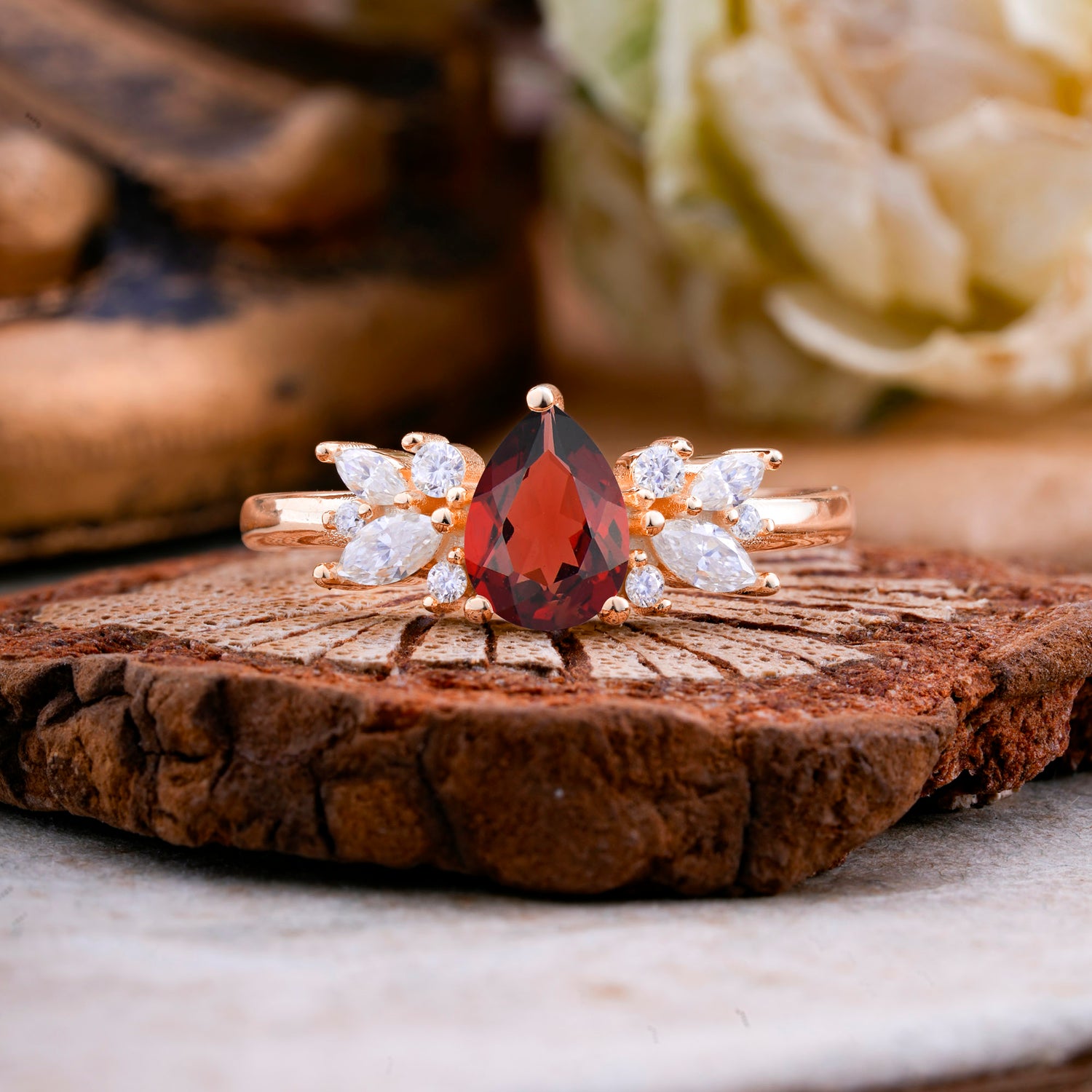 Unique Pear Shaped Garnet Engagement Ring for Women