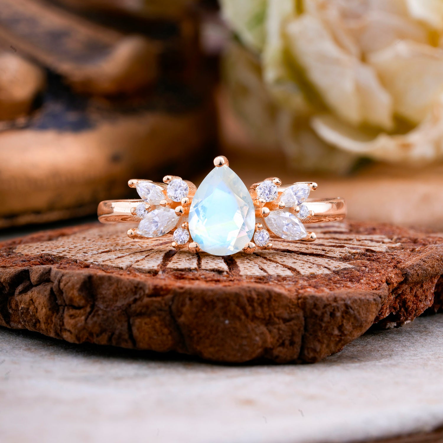 Unique Pear Shaped Moonstone Engagement Ring for Women