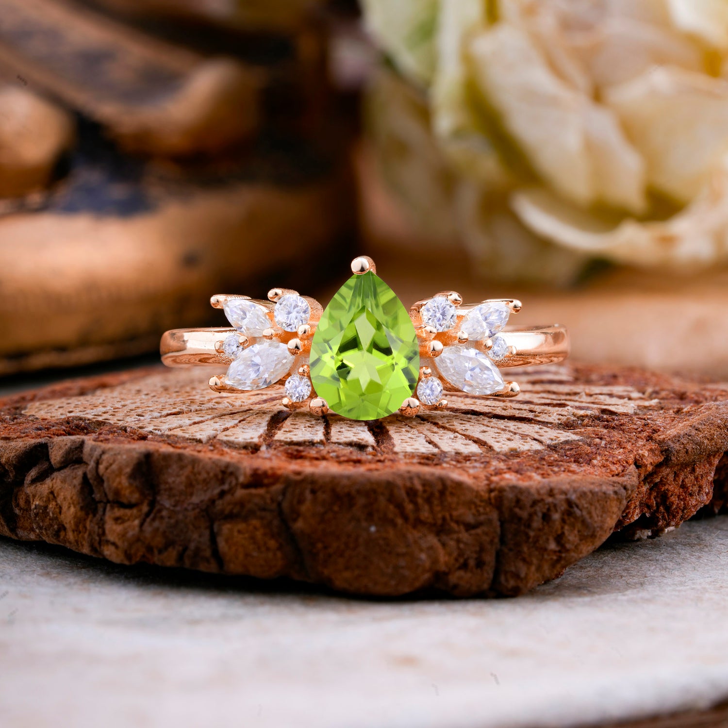Unique Pear Shaped Peridot Engagement Ring for Women