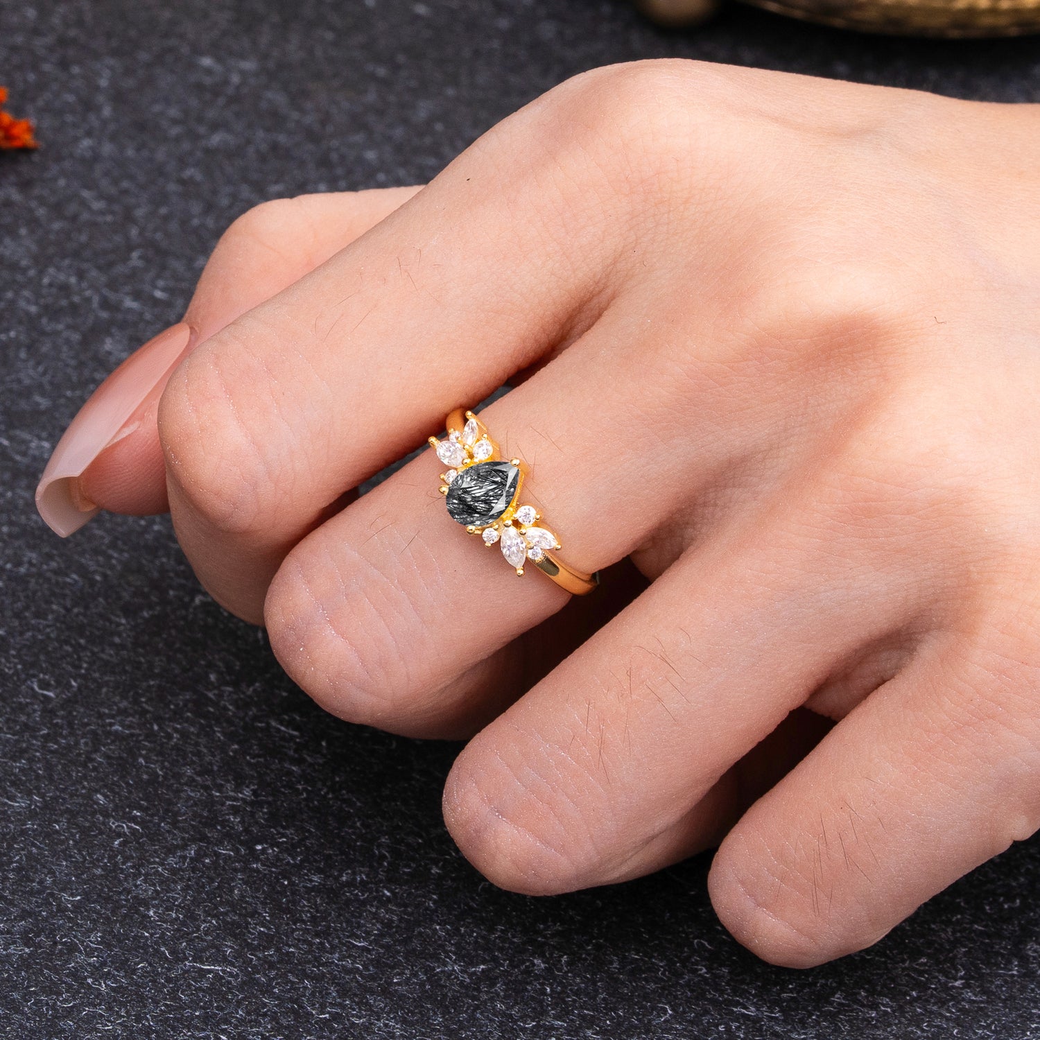 Unique Pear Shaped Black Rutilated Quartz Engagement Ring for Women