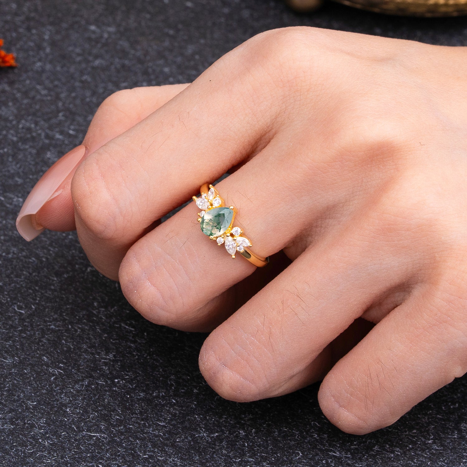 Unique Pear Shaped Moss Agate Engagement Ring for Women