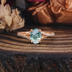 Luxury 4-Prong Oval Cut Natural Moss Agate Engagement Ring