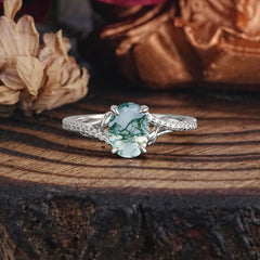 Luxury 4-Prong Oval Cut Natural Moss Agate Engagement Ring