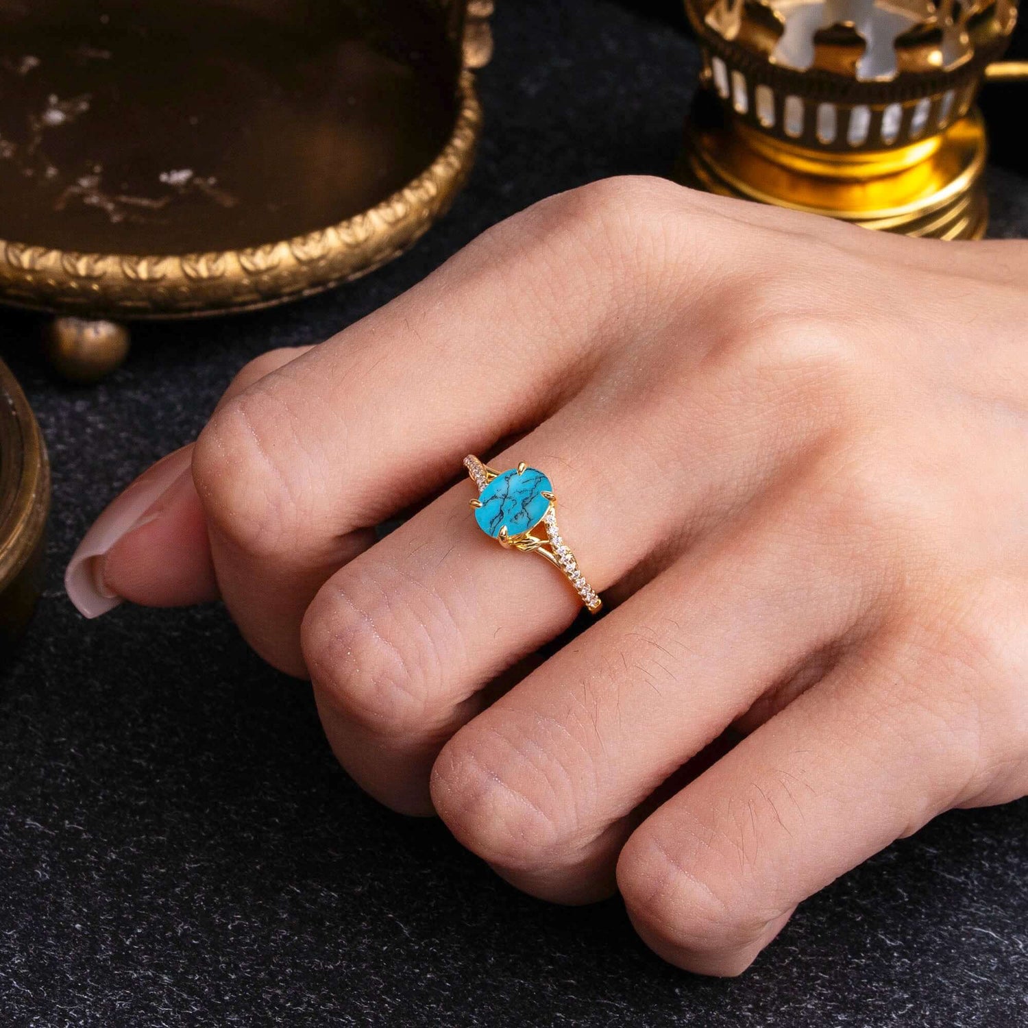 Luxury Vintage 4-Prong Emerald-Cut Turquoise Bridal Ring Set