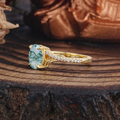 Luxury 4-Prong Oval Cut Natural Moss Agate Engagement Ring