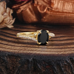 Luxury 4-Prong Oval Cut Natural Black Onyx Engagement Ring