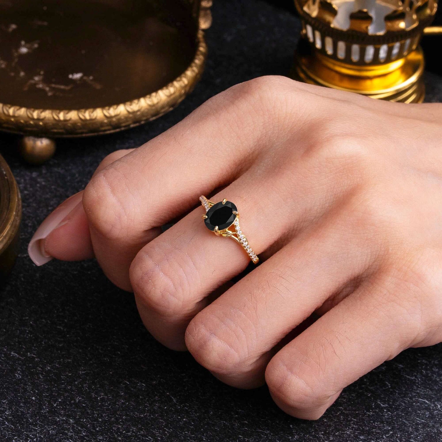 Luxury Vintage 4-Prong Emerald-Cut Black Onyx Bridal Ring Set