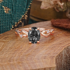 Artistic Twisted Shank Oval Cut Black Rutilated Quartz Engagement Ring