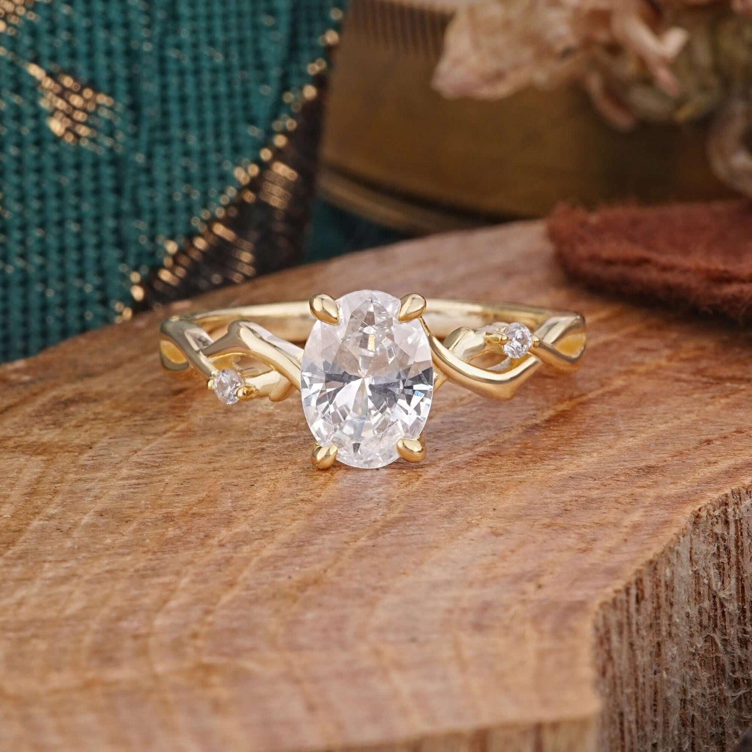 Artistic Twisted Shank Oval Cut Moissanite Engagement Ring