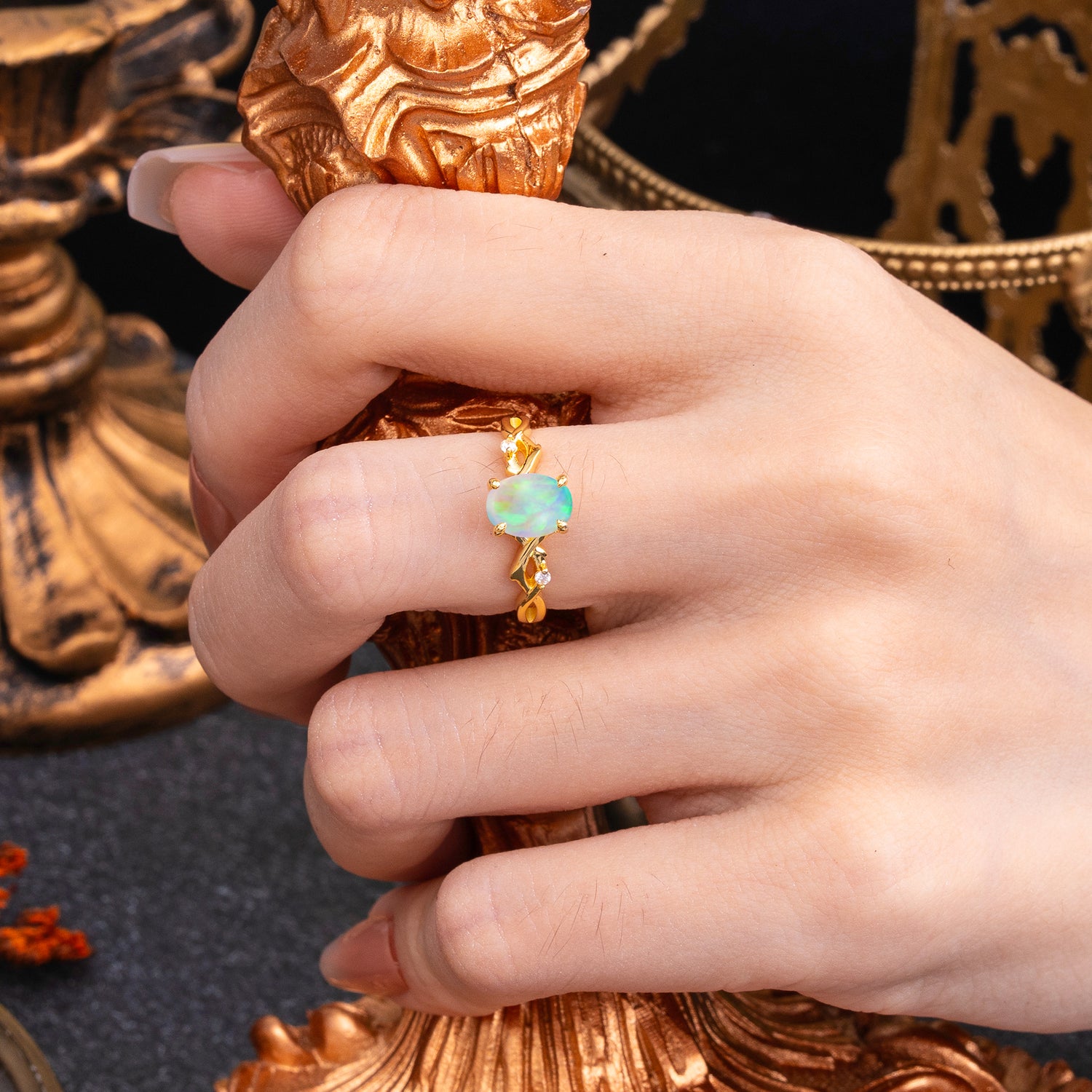 Artistic Twisted Shank Oval Cut Opal Engagement Ring