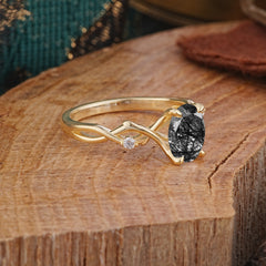Artistic Twisted Shank Oval Cut Black Rutilated Quartz Engagement Ring