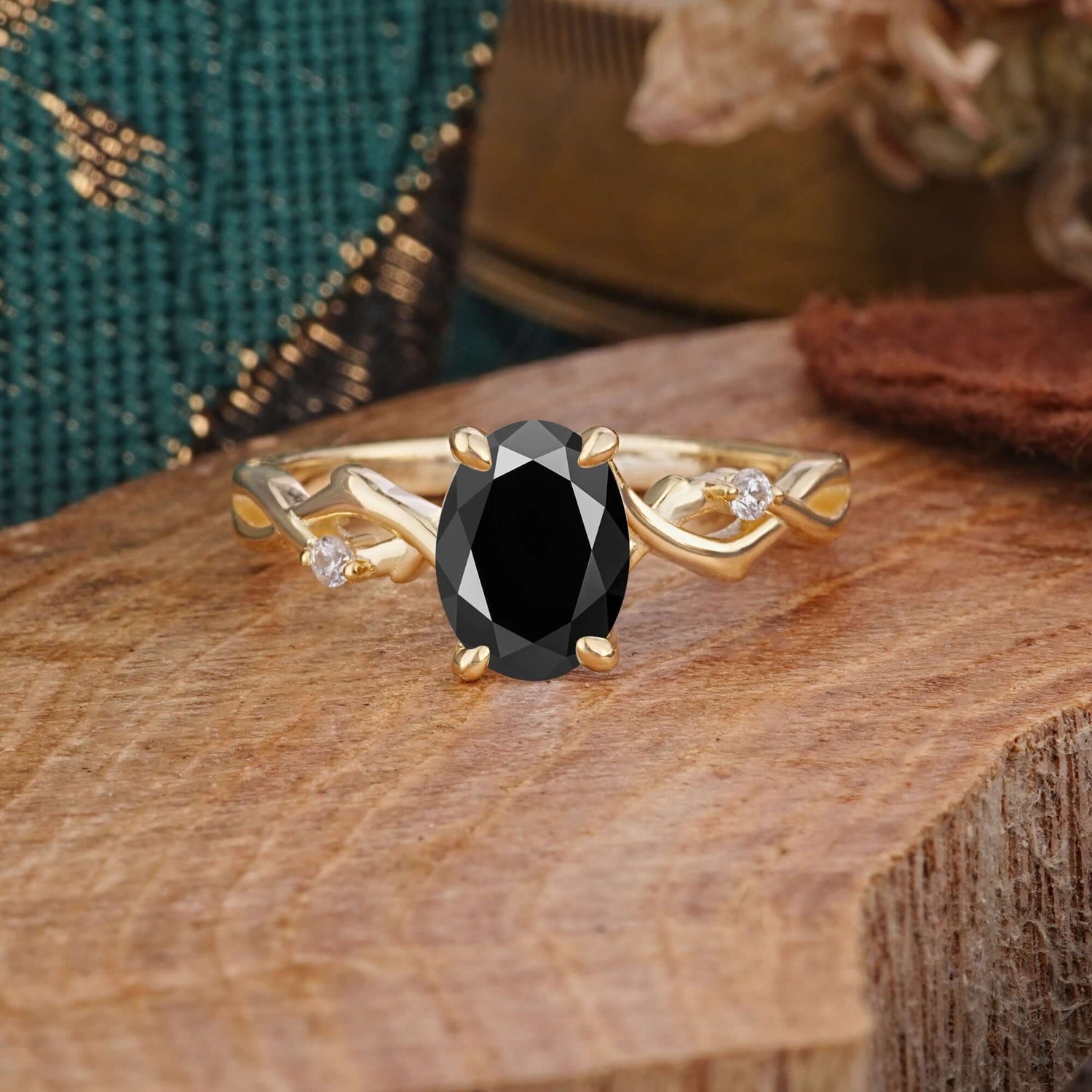 Artistic Twisted Shank Oval Cut Black Onyx Engagement Ring - Romalar Jewelry