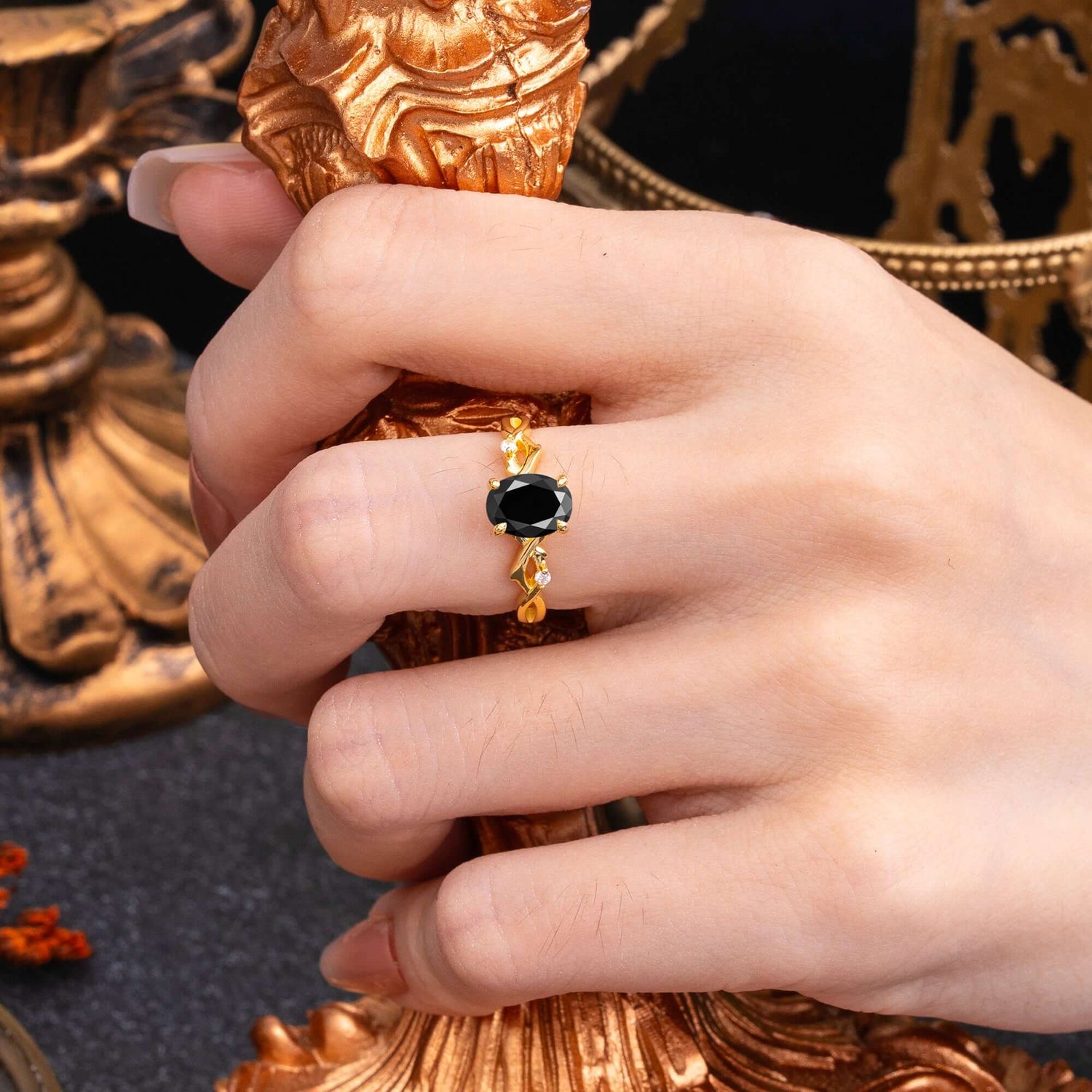 Artistic Twisted Shank Oval Cut Black Onyx Engagement Ring - Romalar Jewelry