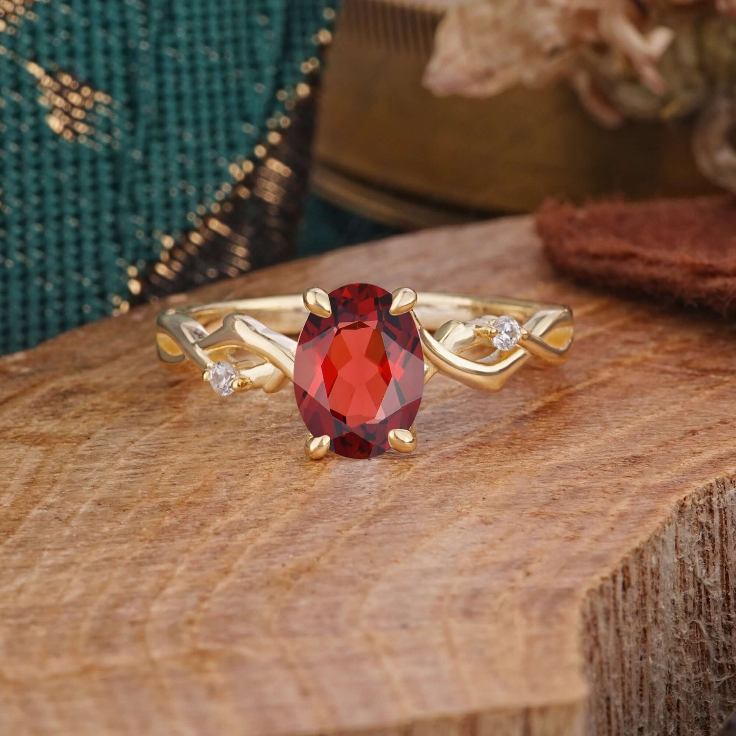 Artistic Twisted Shank Oval Cut Garnet Engagement Ring - Romalar Jewelry