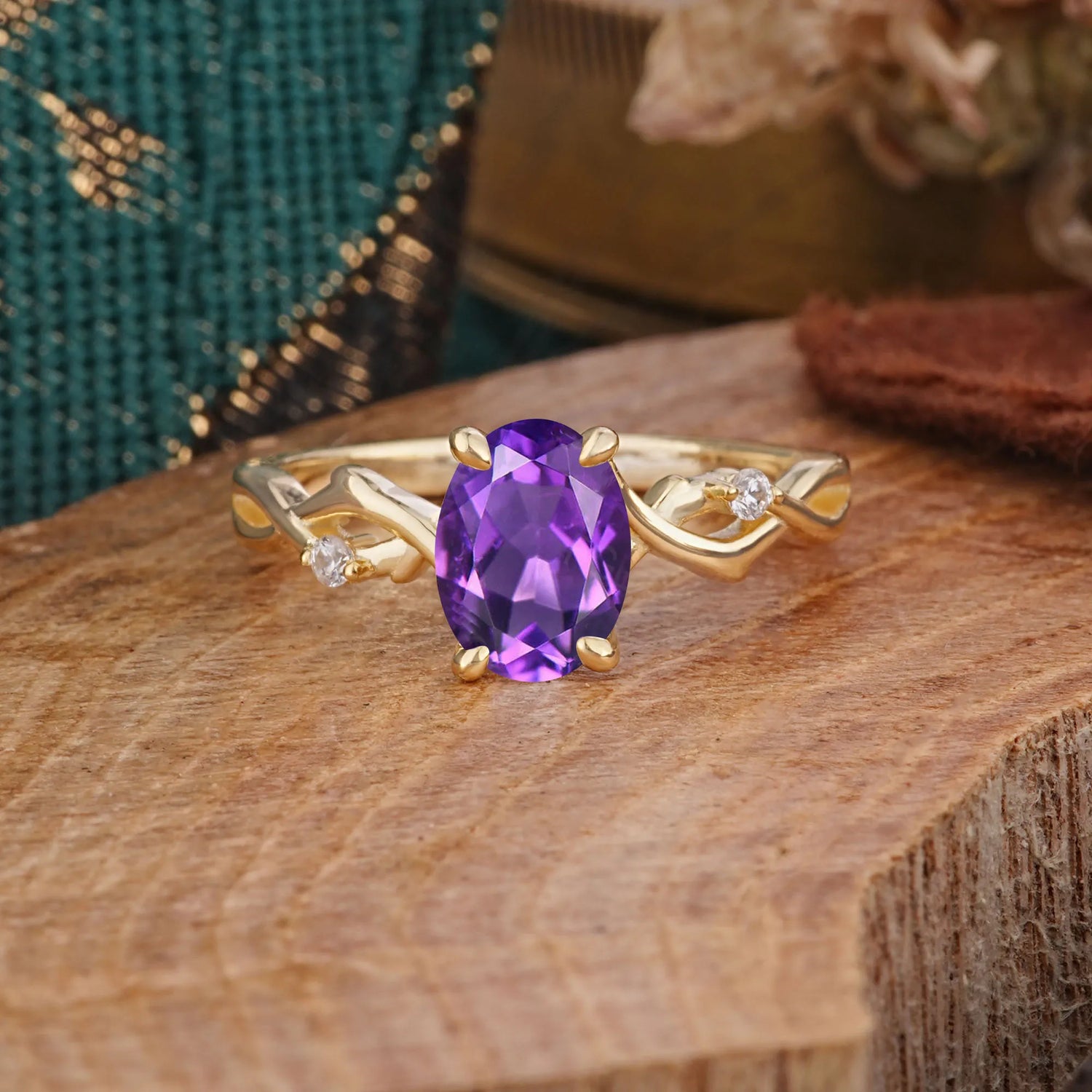 Artistic Twisted Shank Oval Cut Amethyst Engagement Ring