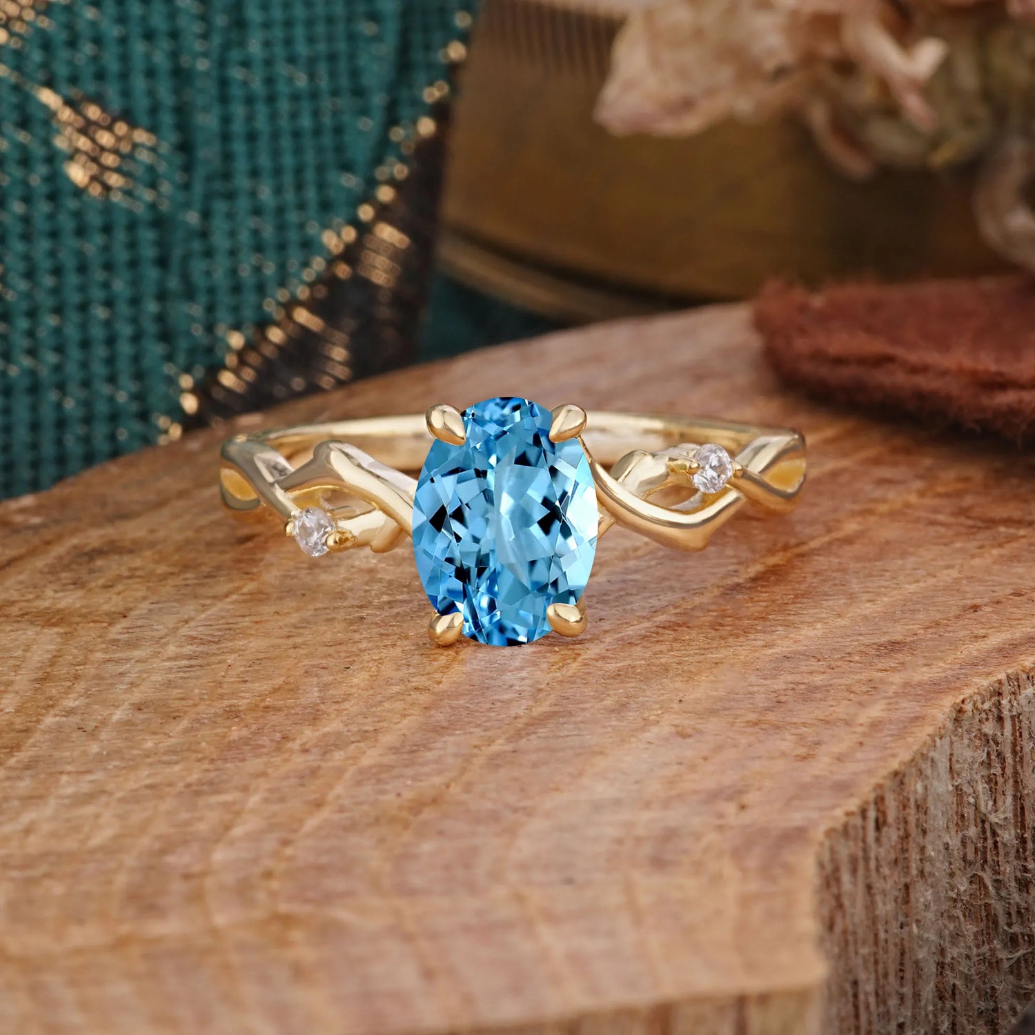 Artistic Twisted Shank Oval Cut Aquamarine Engagement Ring