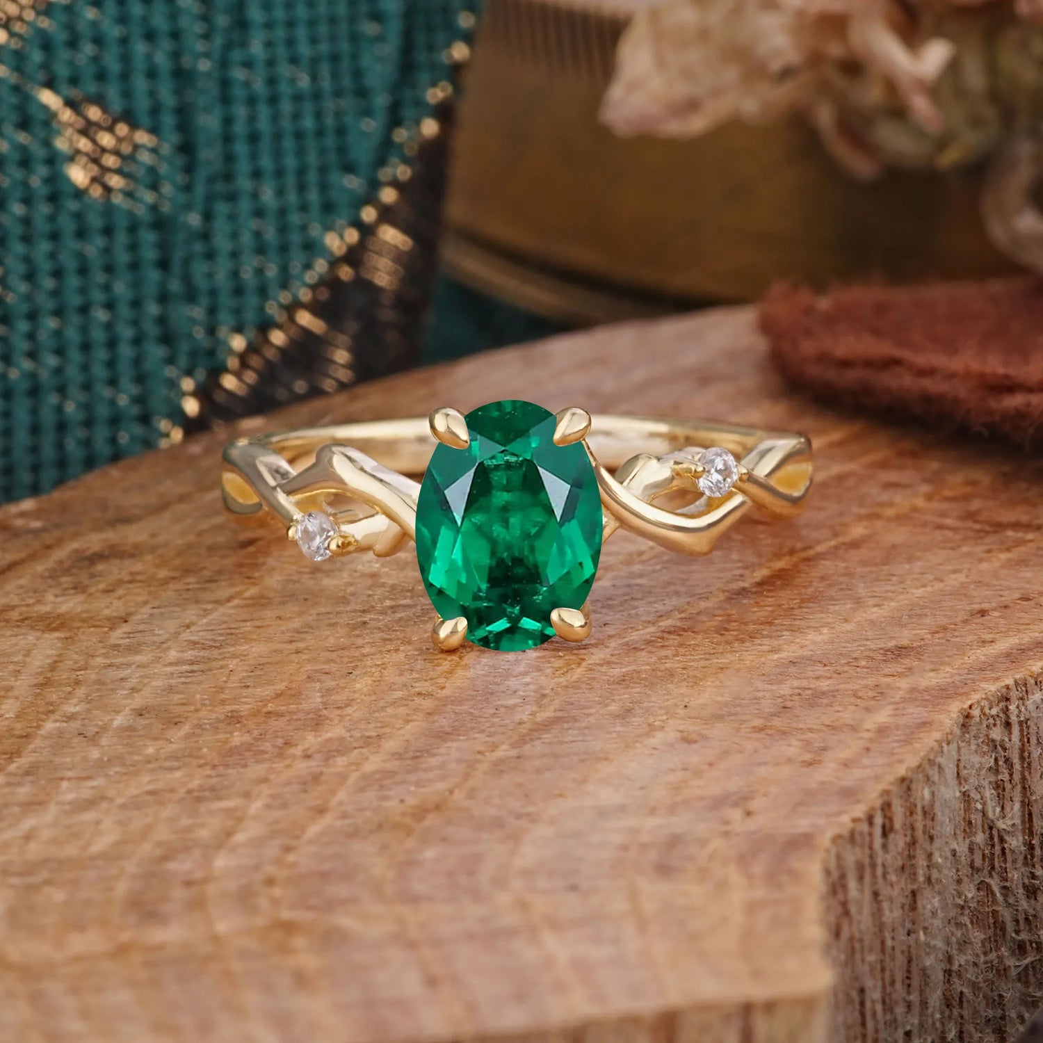 Artistic Twisted Shank Oval Cut Emerald Engagement Ring - Romalar Jewelry