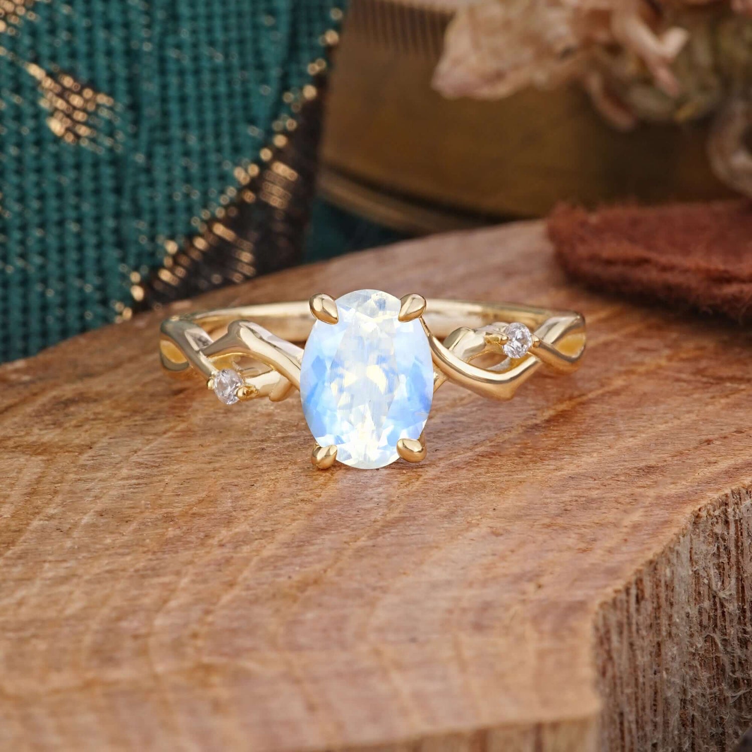 Artistic Twisted Shank Oval Cut Moonstone Engagement Ring - Romalar Jewelry