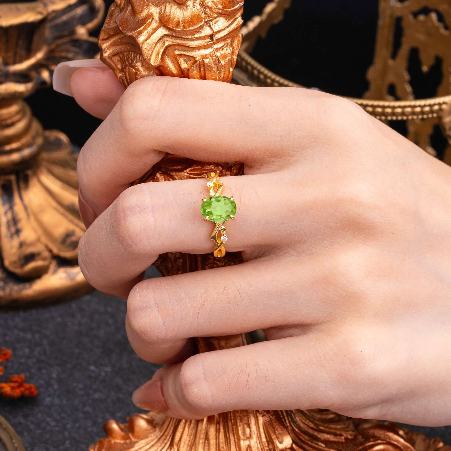 Artistic Twisted Shank Oval Cut Peridot Engagement Ring