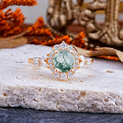 Luxury 4-Prong Round Natural Moss Agate Engagement Ring