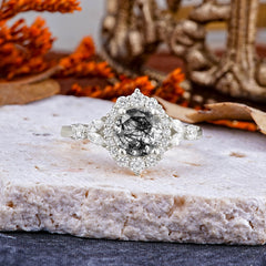 Luxury 4-Prong Round Cut Black Rutilated Quartz Engagement Ring