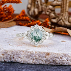 Luxury 4-Prong Round Natural Moss Agate Engagement Ring