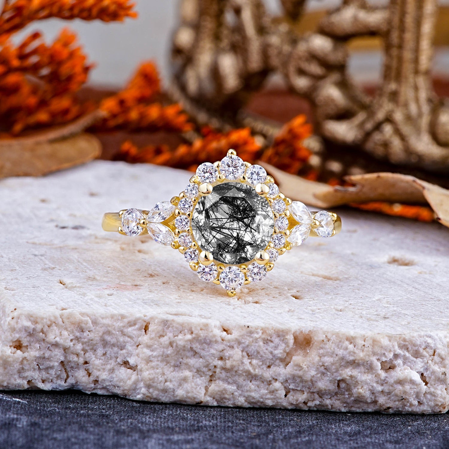 Luxury 4-Prong Round Cut Black Rutilated Quartz Engagement Ring