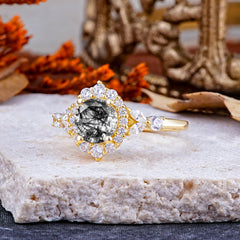 Luxury 4-Prong Round Cut Black Rutilated Quartz Engagement Ring