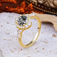 Luxury 4-Prong Round Cut Black Rutilated Quartz Engagement Ring
