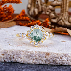 Luxury 4-Prong Round Natural Moss Agate Engagement Ring