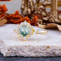 Luxury 4-Prong Round Natural Moss Agate Engagement Ring