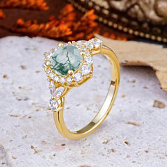 Luxury 4-Prong Round Natural Moss Agate Engagement Ring