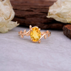 Nature Inspired 4 Prong Oval Cut Citrine Wedding Ring
